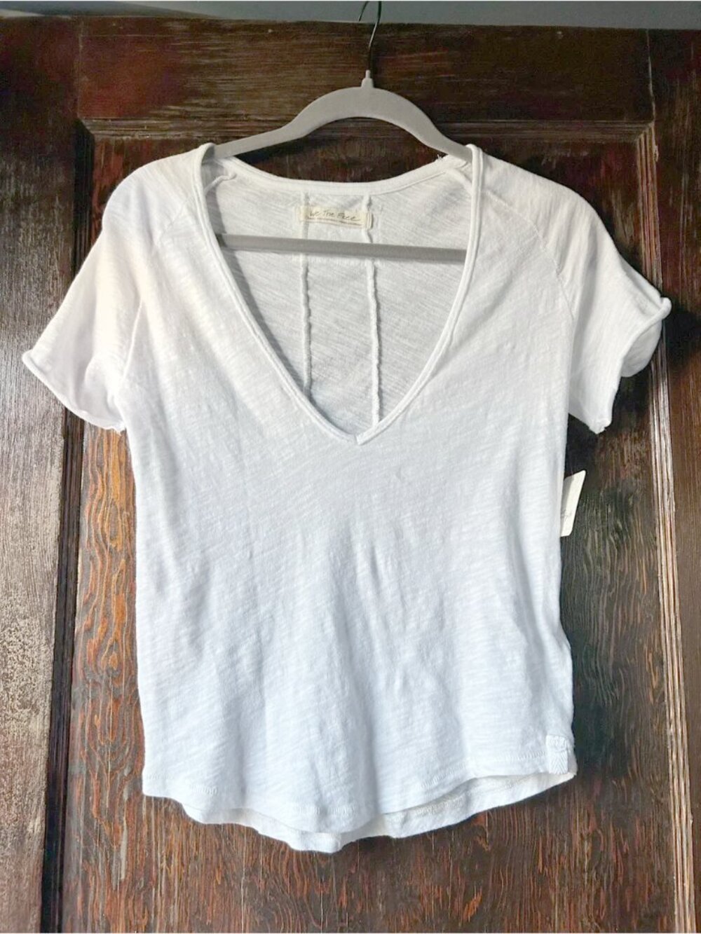 Free People We The Free White Slub V-Neck Boxy Tee, New With Tags, Size Small